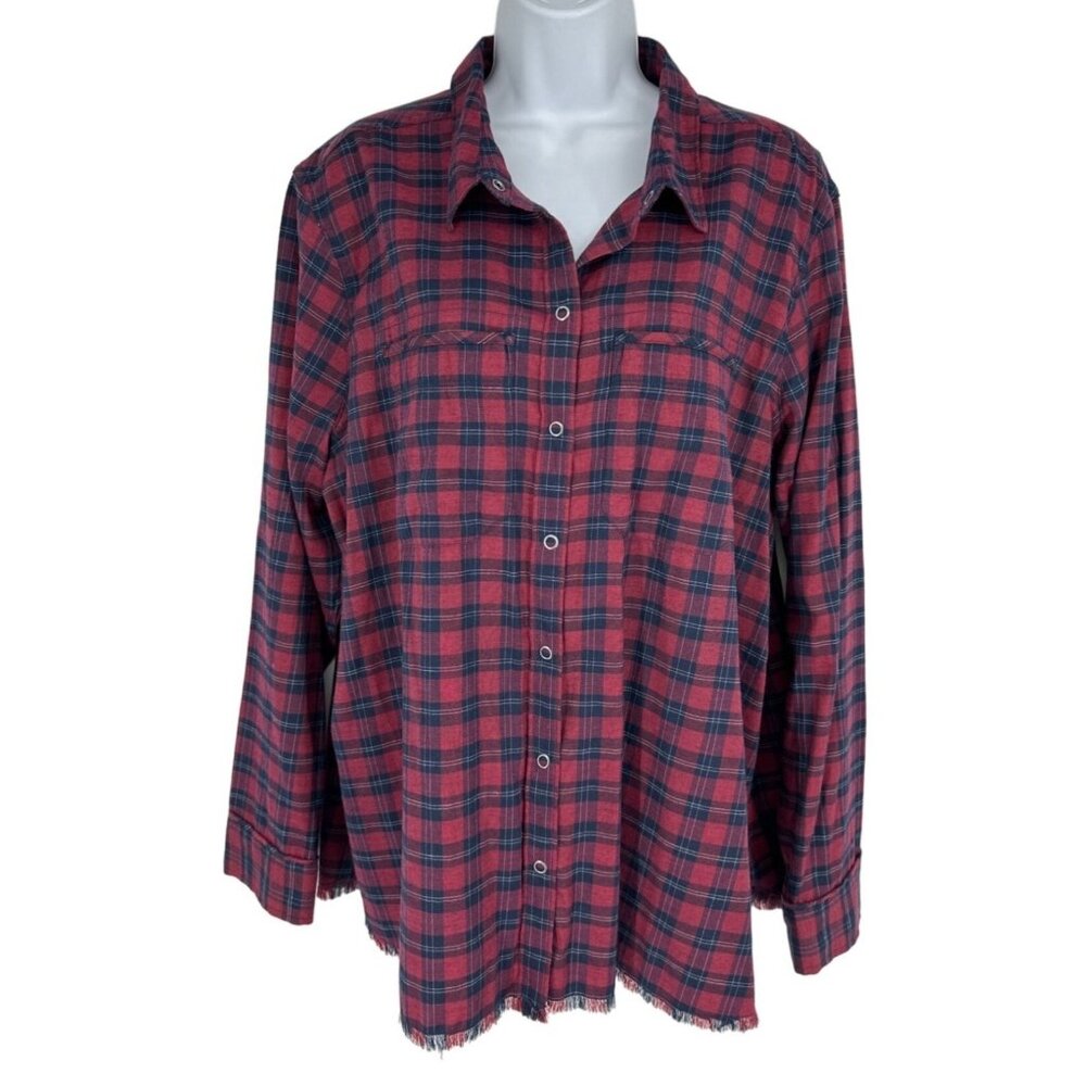 Eddie Bauer Long Sleeve Snap Front Frayed Hem Plaid Shirt Size 2XL
